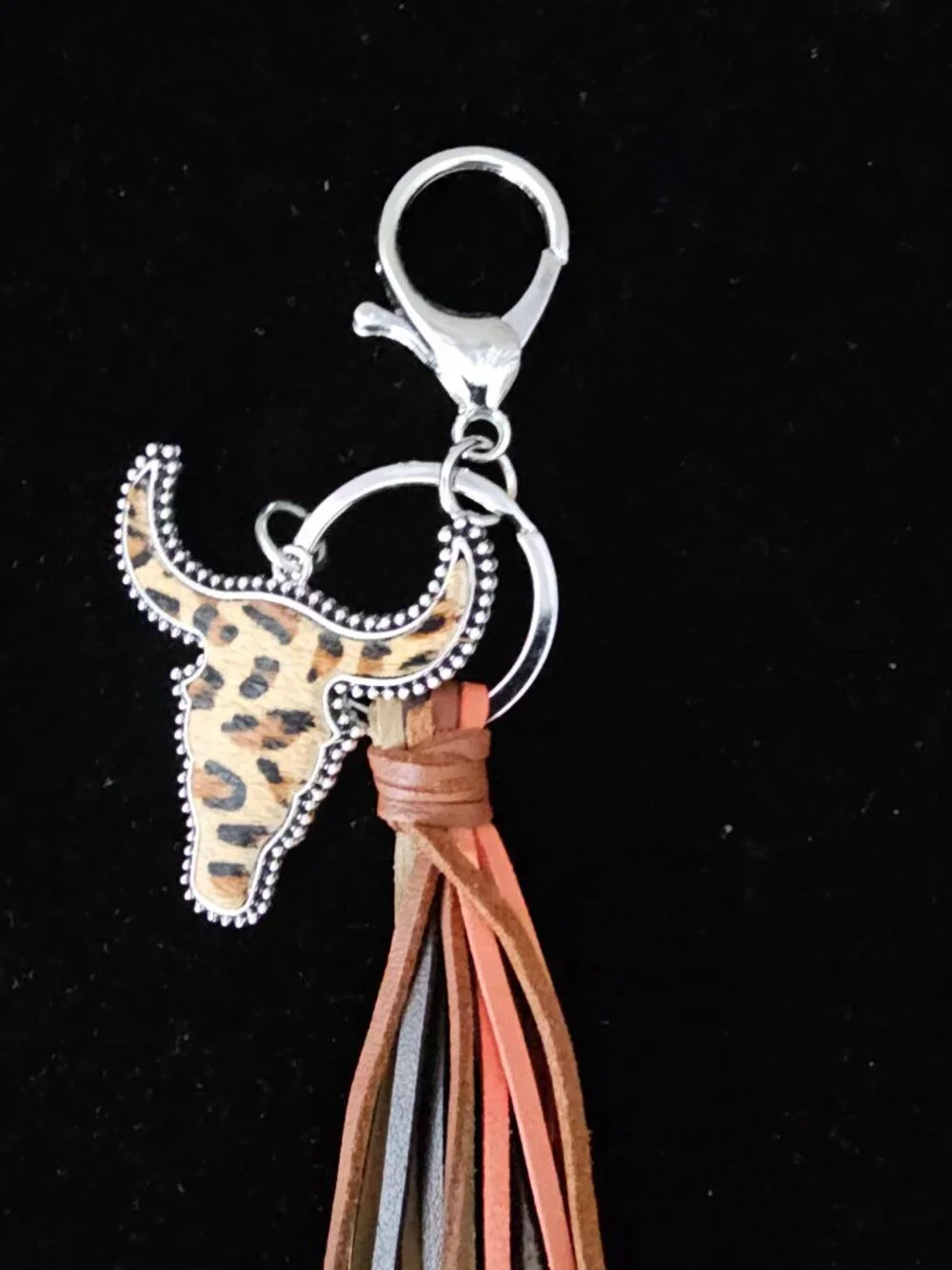 Western Tassel Leather Fringe Boho Steer Bull Head Keychain Bag Charm New